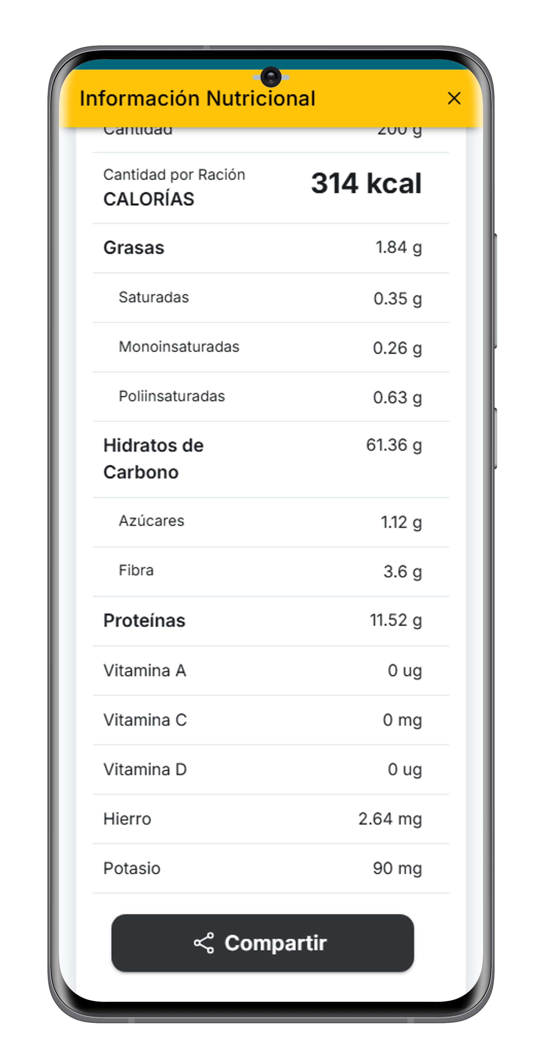 Información nutricional del alimento
